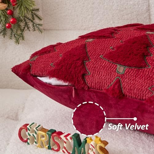Kevin Textile Christmas Tree Pillow Covers 20x20 Inch Set of 2 Luxury Embroidery Soft Plush Faux Fur Decoration Pillowcases for Couch Sofa Holiday Festivals Winter Xmas Gift, Burgundy & Green