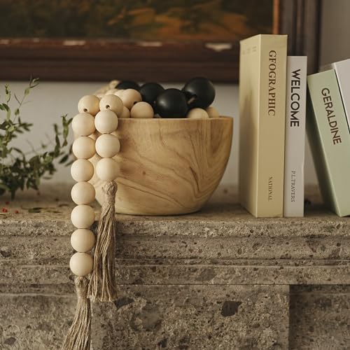 Extra Large Wood Bead Garland with 1.4" Diameter Wood Beads, Wooden Beads Garland with Tassels, Decorative Beads Home Decor, Farmhouse Beads Decor (Natural, 67 Inches)