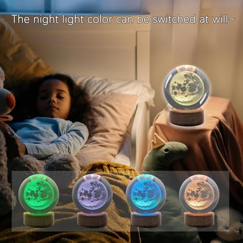 3D Moon Crystal Ball 3.15" With LED Lamp Colorful Wooden Base Night Light, Removable Glow Color Changing Light With Remote for Boy Friends (3-Moon)