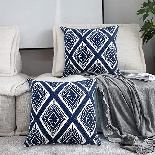 Alysheer Boho Embroidered Throw Pillow Cover 18"x18" Set of 2, Navy Blue