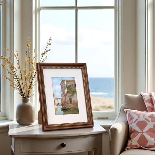 8x10 in Wood Classic Gallery Picture Frame Set, Ornate Beaded Inner, Matted for 5x7 Photo, Multiple Way Display, Brushed Antique Brass