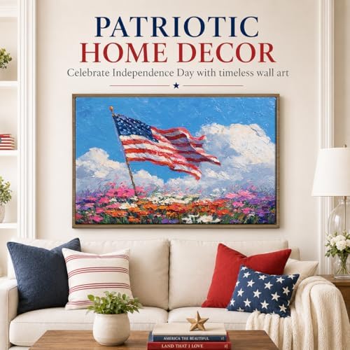 American Flag Framed Canvas Wall Art, 4th of July Patriotic Canvas Prints | Wildflower Landscape Poster Print, Vintage Rustic Independence Day Wall Decor for Bedroom Living Room Office 24×36in