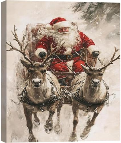 Vintage Santa in Sleigh with Reindeer Canvas Art 8x12, Framed Classic Christmas Wall Art for Holiday Decor, Cozy Winter Snow Scene Nature Wall Decor for Living Room Kitchen Office