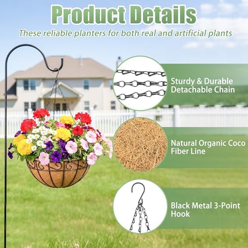 4 Pack 12 Inch Hanging Baskets for Plants Outdoor Metal Hanging Planters Round Hanging Flower Pots with Coco Coir Liner Plant Holder for Outdoor Patio Garden Balcony Decor - Flower Border