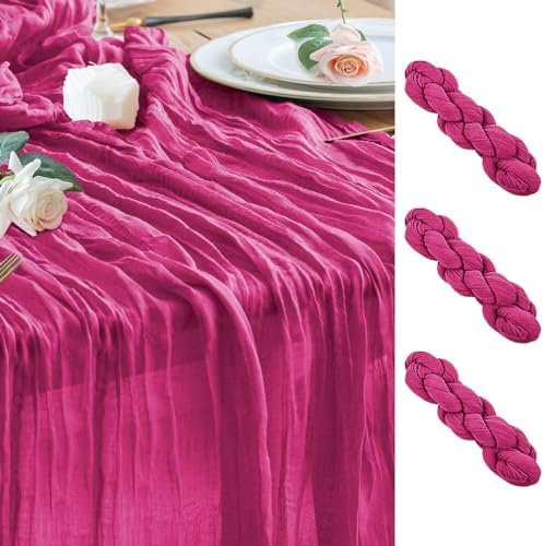 Wokceer Cheesecloth Table Runner Fushia 10FT Boho Gauze Runner, 3 Pack