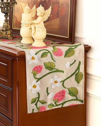 Canvas Embroidered Narrow 13"x 60" Table Runner, Pink Strawberry