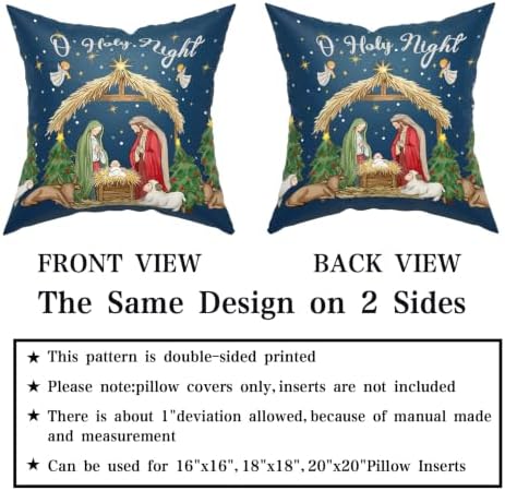 Giwawa Christmas Pillow Covers Pack of 2 18x18 Inch O Holy Night Jesus Nativity Decorative Throw Pillow Cases Xmas Blue Winter Holiday Cotton Soft Cushion Covers for Sofa Couch Patio Season