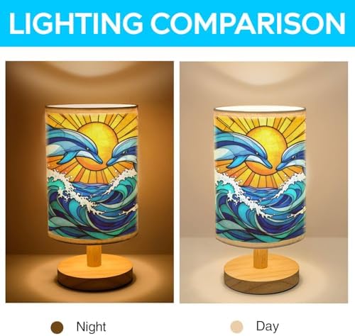 Dolphin Table Lamp LED 3-Color Pressed Bedside, Dolphin Shade Lamp with Wood Base for Bedroom Living Room Desk Office TL01