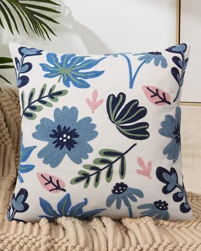 Embroidered Floral Boho Throw Pillow Cover 18x18 Inch - Decorative Cotton Pillow Case for Couch, Sofa, Bedroom, Living Room - Farmhouse Home Aesthetic Housewarming Gifts (Blue Serenity, 18" x 18")