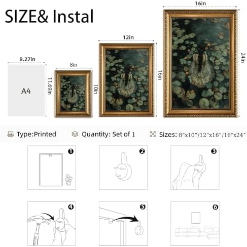 Vintage Gold Framed Victorian Ophelia Wall Art Dark Academia Art Prints | Gothic Pictures Woman In Water Lily Pond Paintings Wall Decor Canvas Artwork for Living Room Bedroom 8x10in