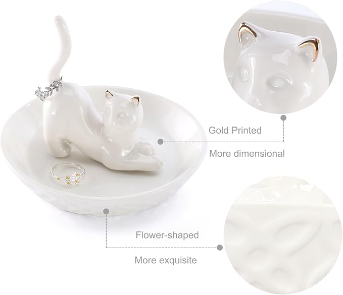 HOME SMILE Ceramic White Cat Ring Holder, Cat Jewelry Tray for Cat Lovers for Women, Christmas, Valentine's Day, Mother's Day