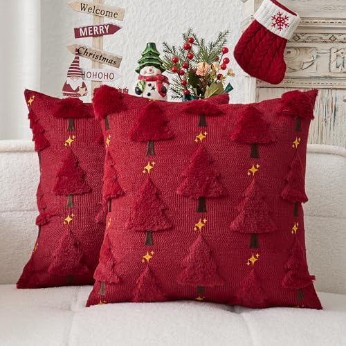 Kevin Textile Christmas Tree Pillow Covers 18x18 Inch Set of 2 Twinkle Golden Star Embroidery Soft Plush Faux Fur Throw Pillowcases for Couch Sofa Holiday Festivals Winter Xmas Gift, Burgundy