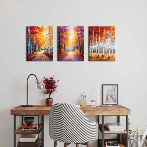 Fall Forest Canvas Wall Art Autumn Forest Wall Decor for Living Room Nature Orange Birch Trees Landscape Picture Oil Paintings Reproduction Artwork for Bedroom Bathroom Home Decoration 12x16" 3Pcs