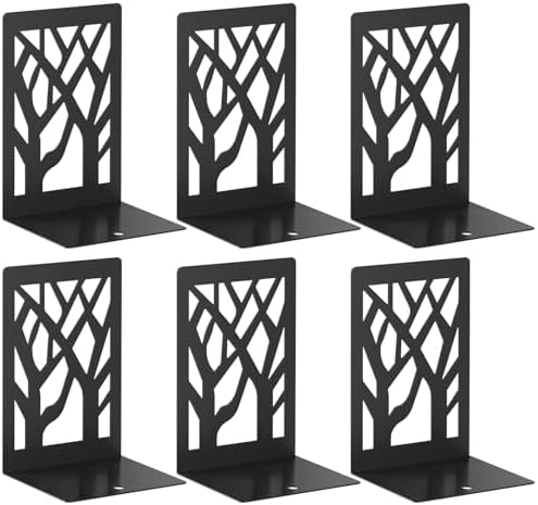 VFINE 6-Piece Modern Metal Bookends for Shelves, Black Tree Book Ends for Books, Decorative Book Organizer for Desk, Non-Skid Shelve Bookends for Home Office