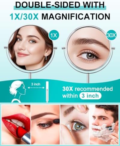 ALHAKIN 30X Magnifying Makeup Mirror, Double Sided Tabletop Mirror with Stand, 8 Inch Vanity Mirror with 360°Rotation for Bathroom, Chrome