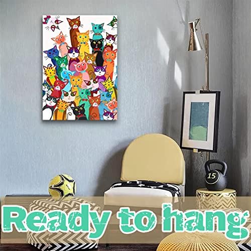 Riveda Funny Colorful Cat Bathroom Wall Art Cute Cartoon Kitty Canvas Print | Framed Cat Poster Palyful Animal Picture Wall Decor for Bathroom Kids Bedroom Nursery Playroom 16x24 Inches