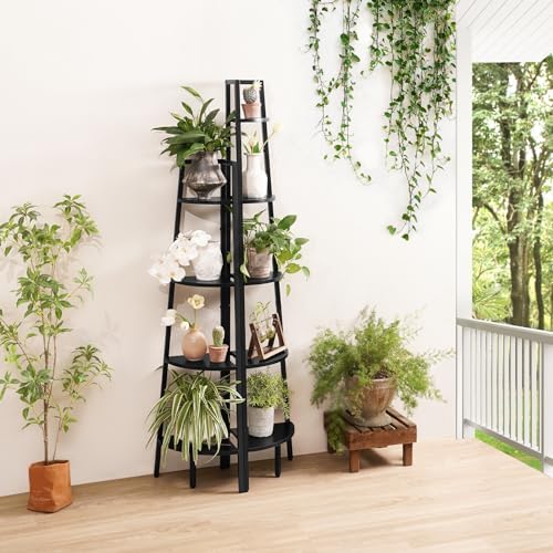 Yoobure 5-Tier Corner Shelf Stand- 67.5" Tall Corner Bookshelf with Metal Frame, Industrial Ladder Corner Shelves Display Shelf for Bedroom Living Room, Corner Bookcase Corner Plant Stand for Balcony
