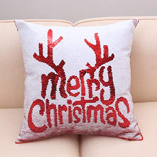 Reversible Sequins Pillow Case 18 x 18 Inch Christmas Sequin Pillow Covers Magic Red Mermaid Square Throw Decorative Pillowcase 2pcs (Red-Merry Christmas)