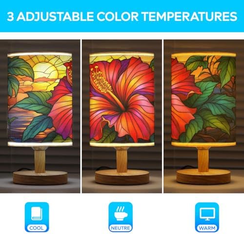 Hibiscus Table Lamp LED 3-Color Pressed Bedside, Hibiscus Shade Lamp with Wood Base for Bedroom Living Room Desk Office TL01