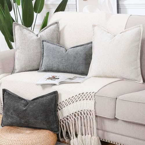 MADIZZ Decorative Chenille Velvet Throw Pillow Covers Set of 2 Soft Boho Textured Neutral Couch Throw Pillow for Bed Modern Farmhouse Home Decor for Sofa Livingroom Oatmeal 12x20 Inch