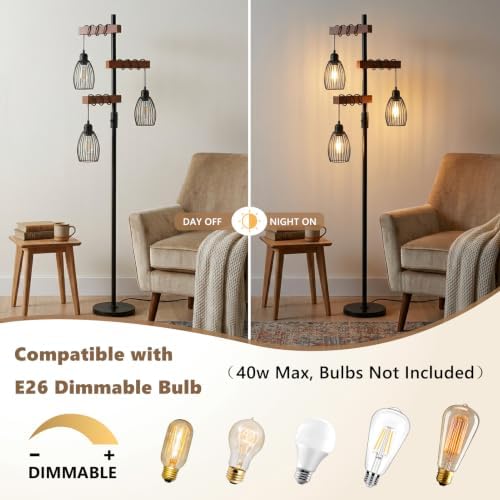 Industrial Floor Lamps for Living Room, Stable Standing Lamp with Metal Cage Shade, Wood Floor Lamp for Bedroom Reading Office, Dimmable Tall Lamp Rustic Home Decor Corner Lamp