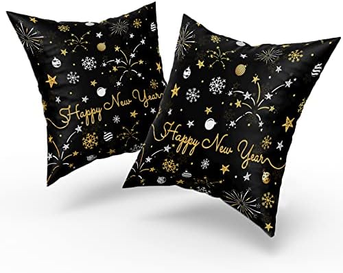 Giwawa 2 PCs Happy New Year Pillow Covers 16"x16" Winter Snowflake Firework Throw Pillowcase with Colorful Star Christmas Ball Square Black Gold Cushion Cover for Sofa Couch Car Bed Home Xmas Decor