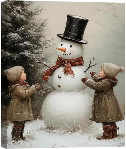 Framed Christmas Decoration 20x30 inch, Vintage Christmas Snowman Boys Xmas Wall Art Prints, Vintage Christmas Pictures Artwork, Farmhouse Christmas Wall Decor for Home Indoor