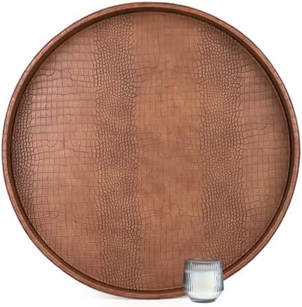HofferRuffer Large Round Serving Tray 24'', Elegant Faux Leather Circle Ottoman Table Tray, Serve Tea Coffee Breakfast in Bedroom Living Room Kitchen (Antique Brown, 24'')