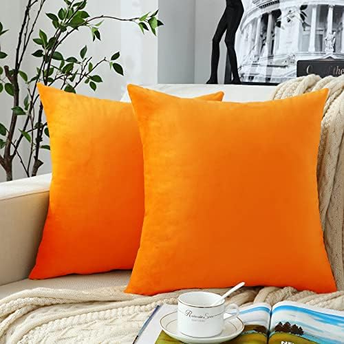 Jeneoo Fall Velvet Throw Pillow Covers 16x16 Inch 2 Pack, Super Soft Thick Decorative Square Cushion Cases for Sofa Couch Bedroom Car, Orange Yellow