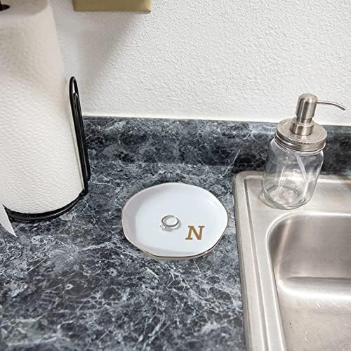 Initials Ring Dish Jewery Tray with personalized N-Monogrammed Gifts Wedding Engagement for Women Friends sister,Ceramic White