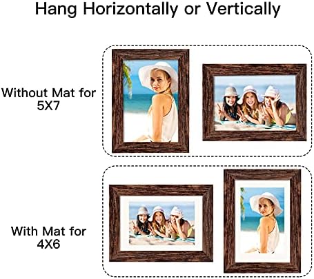 BAIJIALI 5x7 Picture Frame Rustic Brown Wood Pattern Set of 4 with Tempered Glass,Display Photos 4x6 with Mat or 5x7 Without Mat, Horizontal and Vertical Formats for Wall and Table Mounting