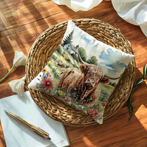 Highland Cow Decorative Throw Pillow Covers with Wildflowers 18x18 Inch Farmhouse Rustic Cushion Cover Western Cows Pillowcase 2Pack for Couch Sofa (Green)
