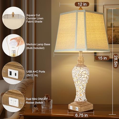 Rustic Table Lamp Set of 2 for Living Room with Night Lights, 28.5" Tall