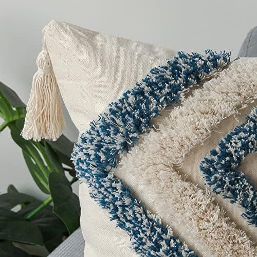 JASEN Blue and Beige Boho Decorative Throw Pillow Cover, Woven Tufted Pillow Cover with Tassels Diamond Pattern Pillow Covers 18x18 for Couch Sofa Bedroom Living Room(No Pillow Insert