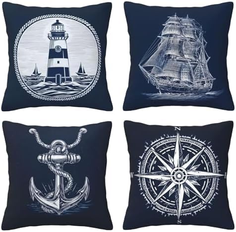 Nautical Throw Pillow Covers Set of 4 Decorative Soft Double Sided Print Pillow Case Farmhouse Home Decor for Living Room Sofa Couch 18x18