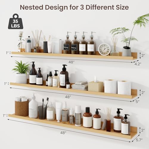 Axeman 48 Inch Floating Shelves with Lip, Set of 3 - Oak - Wall Mounted Shelves for Storage and Display - Engineered Wood - 22 lbs Weight Capacity