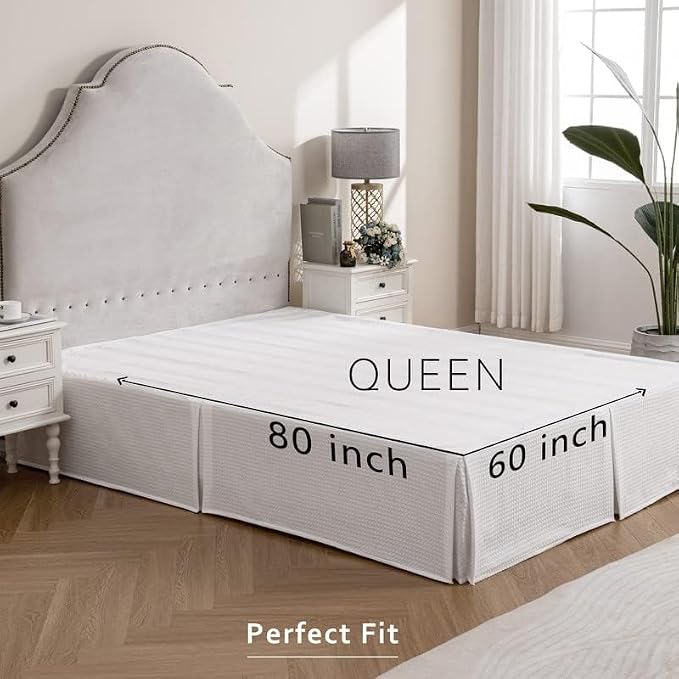MIYE Pleated Waffle Weave Bed Skirt, Tailored Dust Ruffle 22 Inch Drop Easy Fit, Machine Washable (White, Queen - 22" Drop)
