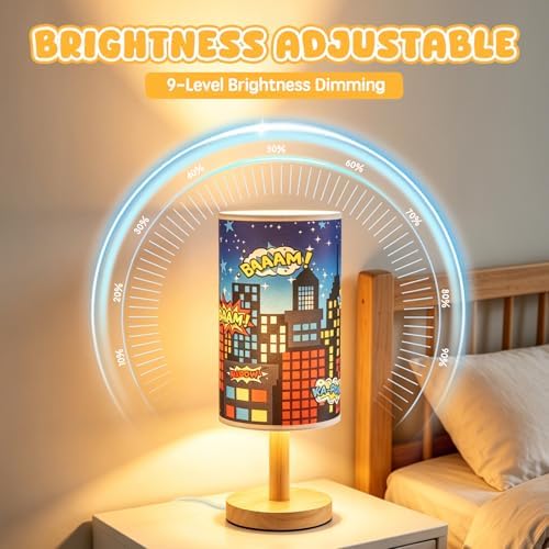 City Table Lamp for Kids Bedroom, 3-Way Dimmable Bedside Lamp with Wooden Base and Fabric Shade, Comic Book Night Light for Boys Room Decor, Cartoon Skyline Lamp for Nursery Playroom