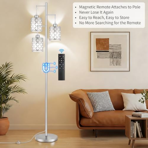 72" Dimmable Floor Lamp with Remote & Timer, Modern Minimalist Standing Lamp for Living Room Bedroom, 3 Individually Controlled Heads, 2 Height Options, 3x 800LM LED Bulbs Included - Silver