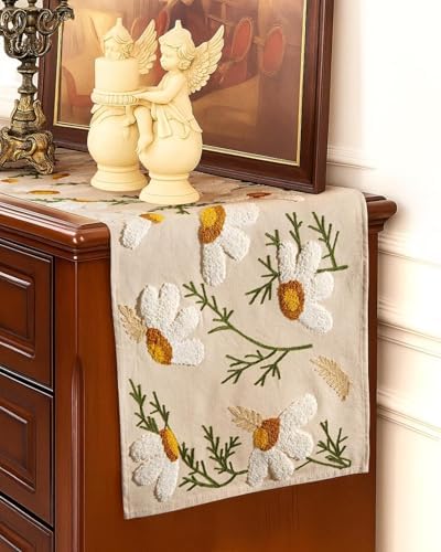Canvas Embroidered Narrow 13"x 108" Table Runner, Beige Daisy