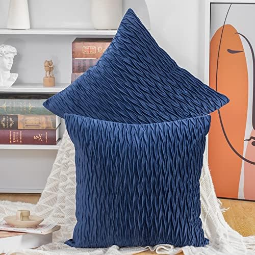 MADIZZ Set of 2 Super Soft Velvet Decorative Throw Pillow Covers 18x18 inch Blue Square with Texture Luxury Style Cushion Case Pillow Shell for Sofa Bedroom