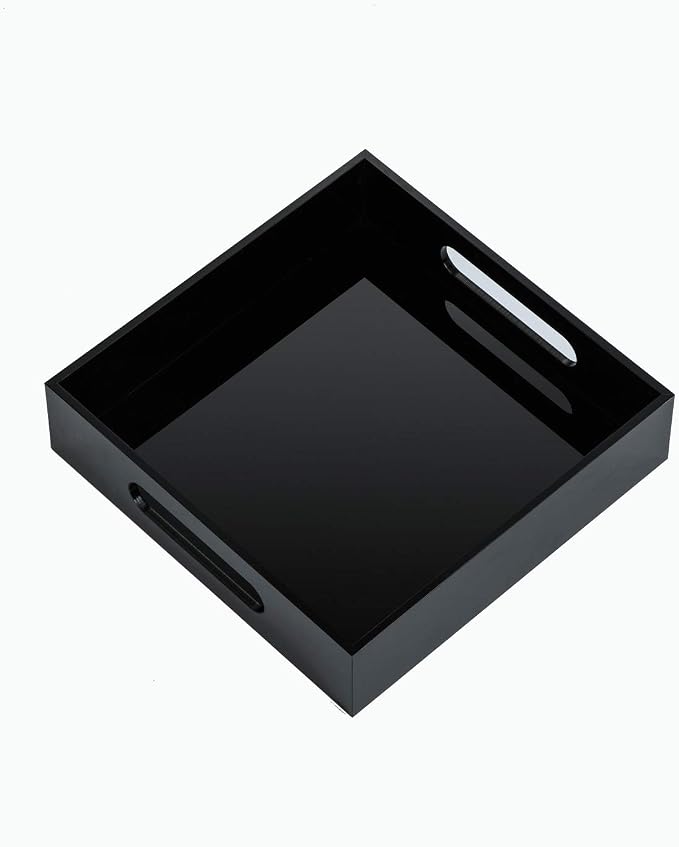 KEVLANG Black Sturdy Acrylic Tray with Handles-8x8 Inch- Countertop Organizer Tray for Kitchen,Bathroom,Office- Storage Box for Cosmetics, Jewelry,Toiletries,Toy,Gadgets