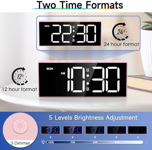 Digital Alarm Clocks,Large Big Numbers Cute clocks for Bedrooms,college dormitories,Teens,Modern Décor Plug in Clock with USB Charger Port Adjustable 3-Levels volume,5 Dimmers,Battery Backup (Pink)