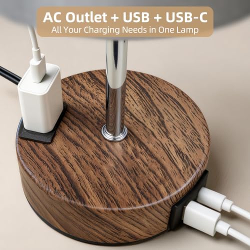 Table Lamp, Dimmable Touch, AC Outlet, USB A+C (Grey&Walnut)