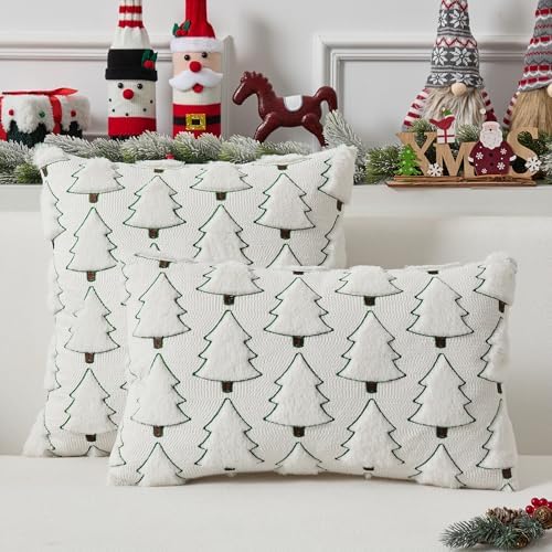 UGASA Christmas Tree Pillow Covers 18x18 Inch Set of 2 Soft Plush Faux Fur Luxury Embroidery Decoration Pillowcases for Couch Sofa Holiday Festivals Winter Xmas Gift, Cream White & Green