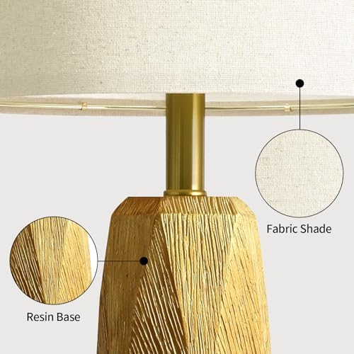 BOBOMOMO 27.5" Gold Table Lamps Set of 2 with USB-A & USB-C Charging Ports, Textured Resin Bedside Lamps with Linen Shade & Rotary Switch, Tall Nightstand Lamps for Bedroom, Living Room Office