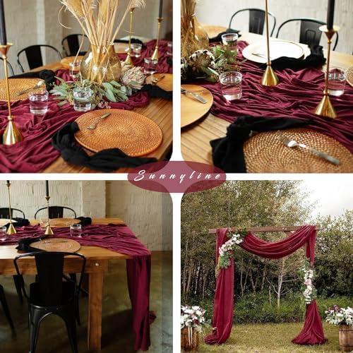 10FT 12 Pcs Burgundy Cheesecloth Table Runner Gauze Fabric Boho Cheese Cloth Table Runner Rustic Semi Sheer Runner for Wedding Holiday Bridal Shower Birthday Party Table Decor (35 x 120 Inches Long)
