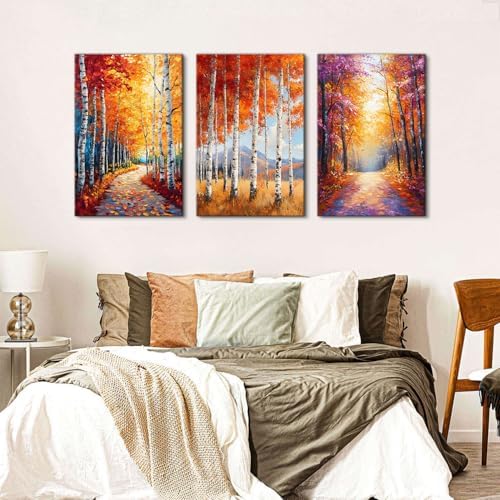 Orange Autumn Forest Wall Art Fall Forest Wall Decor Nature Woodland Pictures Gold Yellow Trees Landscape Canvas Prints Painting Botanical Artwork for Kitchen Living Room Home Decoration 24x36" 3Pcs