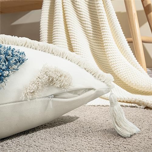 Merrycolor Boho Throw Pillow Covers 12x20 Blue Decorative Lumbar Pillow Covers with Tassels for Couch Bed Sofa Textured Tufted Pillow Covers, Light Blue and White