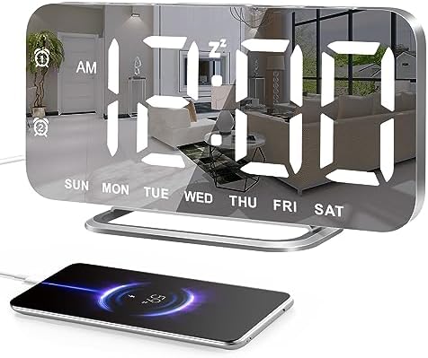 Slim LED Digital Alarm Clock, Mirror Surface for Makeup, with Diming, Large Display, Easy Setting, USB Ports, Modern Decor for Bedroom, Desk, Xmas, Birthday Gift for Women, Sister, Teen Girl, Silver